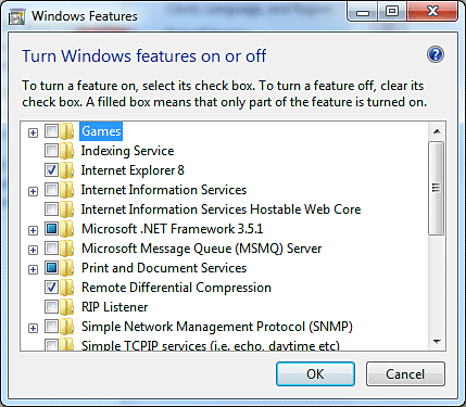 Windows 7 Features Selections